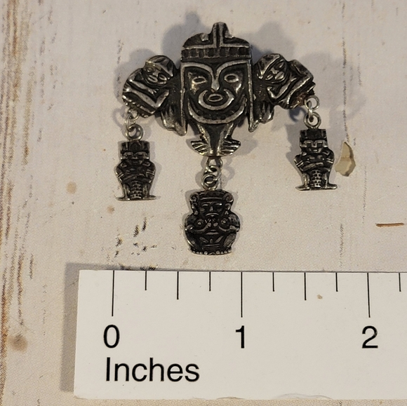 Aztec Inca Style Vintage Sterling Silver Tiki Man Brooch Marked 0900 - Picture 5 of 5